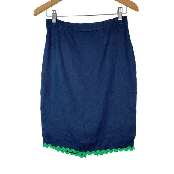 J. Crew Women's Size 0 Navy Blue Green Rickrack Trim Lined Linen Pencil Skirt - Picture 1 of 7